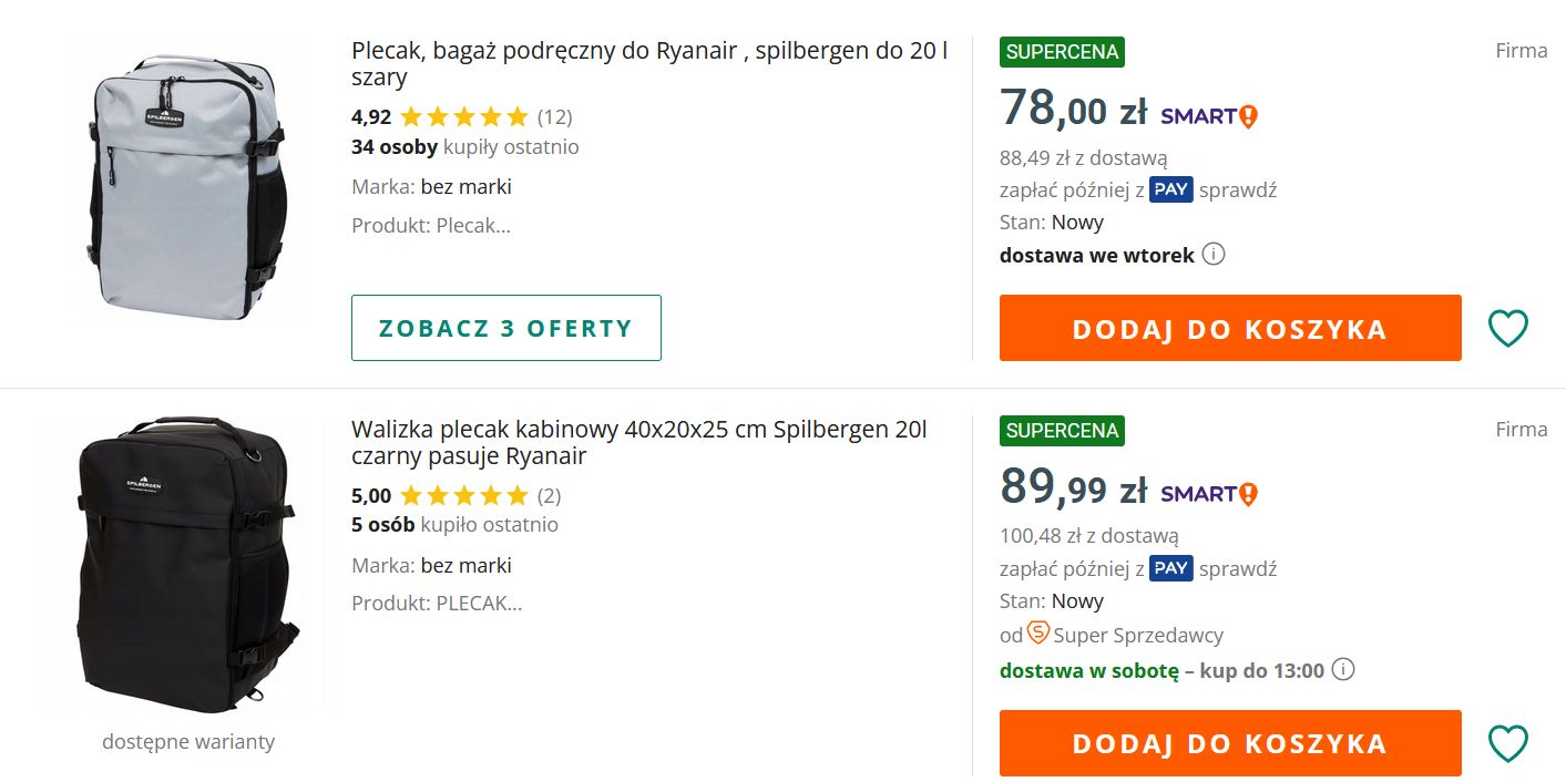 Plecaki z Action sprzedawane na Allegro