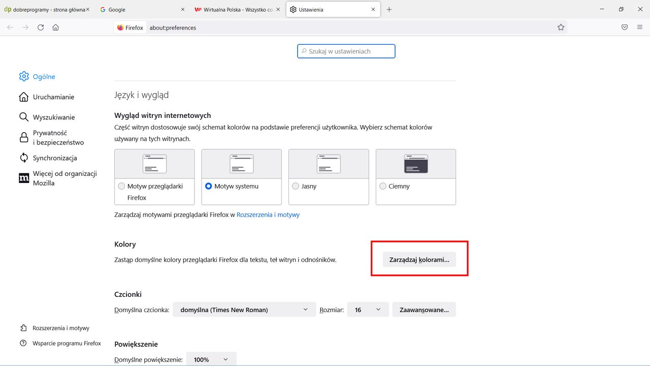 Firefox: kierujemy się do Zarządzanie kolorami..