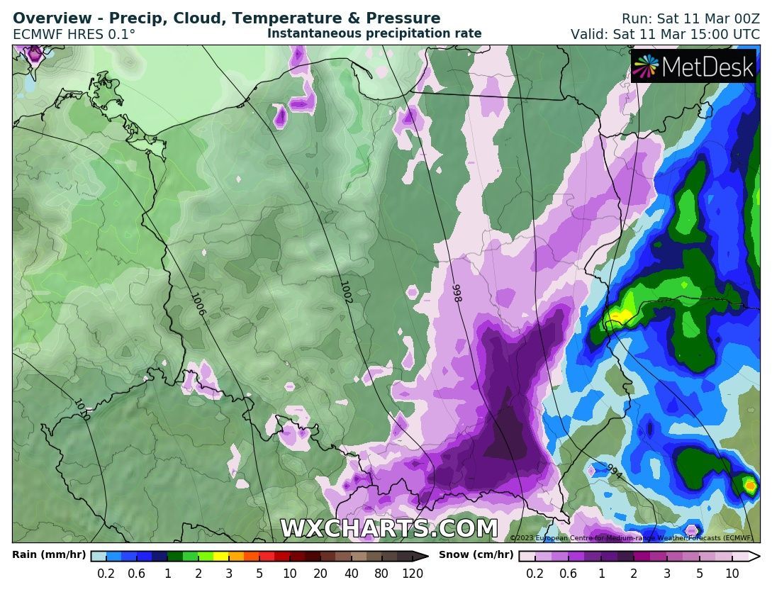 Prognozowane opady deszczu i śniegu 11 marca o godz: 16:00