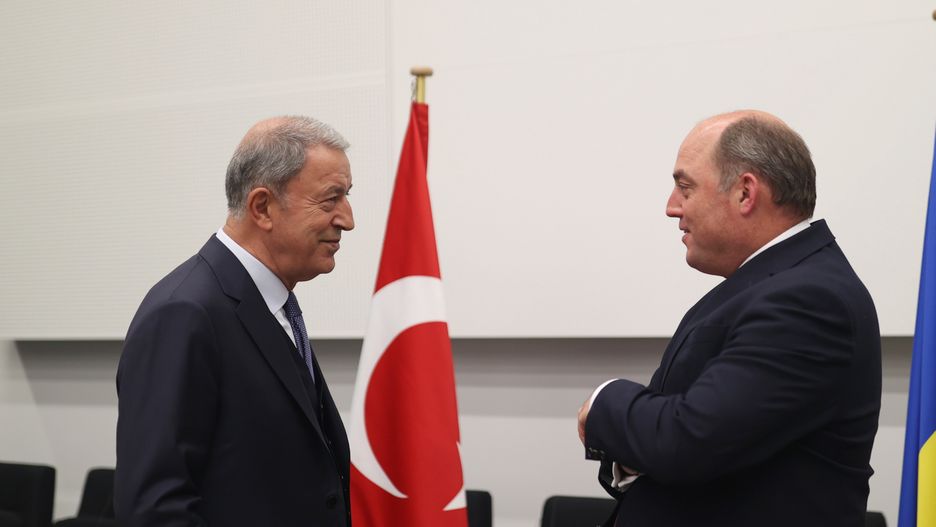BRUSSELS, BELGIUM - JUNE 16: Turkish National Defense Minister Hulusi Akar (L) meets with United Kingdom Secretary of State for Defense Ben Wallace (R) and Ukrainian Defense Minister Oleksii Reznikov (not seen) within tripartite meeting in Brussels, Belgium on June 16, 2022. (Photo by Arif Akdogan/Anadolu Agency via Getty Images)