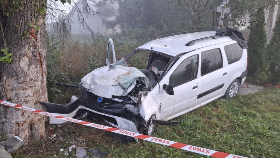 Rozbity samochód osobowy stoi przy drzewie, otoczony taśmą policyjną w mistycznej, porannej mgle.