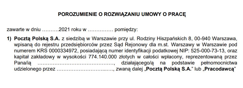 Wzór pisma dot. rozwiązania stosunku pracy z pocztowcami zatrudnionymi w pionie finansowym
