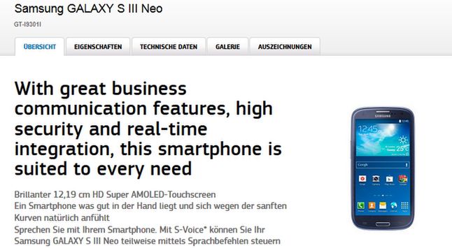 Galaxy SIII Neo na stronie niemieckiego oddziału Samsunga