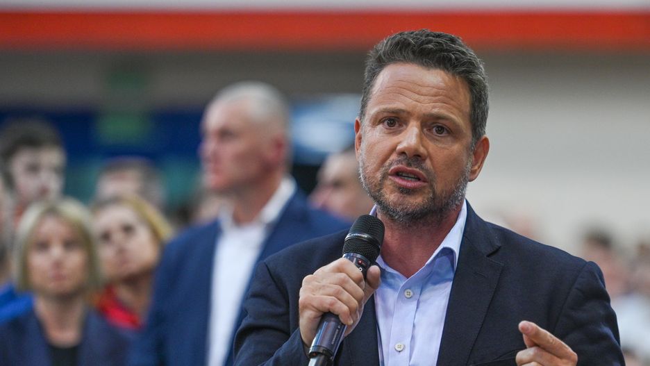 KRAKOW, POLAND - MAY 15, 2023: , Mayor of Warsaw, Rafal Trzaskowski, speaks in Krakow, on May 15, 2023, in Krakow, Poland. Chairman Donald Tusk's visit to Krakow marked the 10th stop of the Civic Platform party's tour. The 'Tusk Show' united residents for the #HereIsTheFuture campaign, featuring a mix of familiar and new elements. The dynamic exchange and passionate speeches echoed the March 4th march, rallying all to unite in Warsaw. (Photo by Artur Widak/NurPhoto via Getty Images)