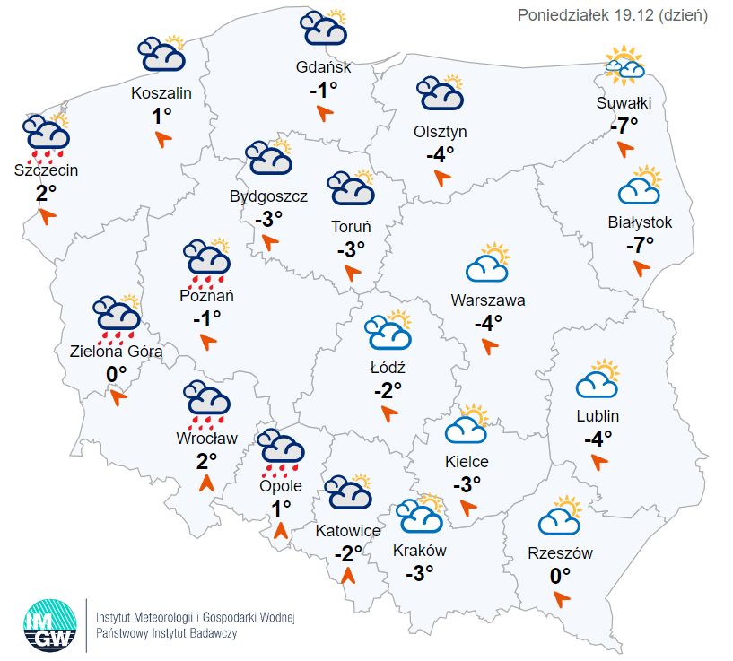 mapa pogody na poniedziałek, 19 stycznia