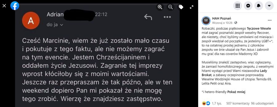 Zespół Recover odmawia występu na Tęczowym Weselu