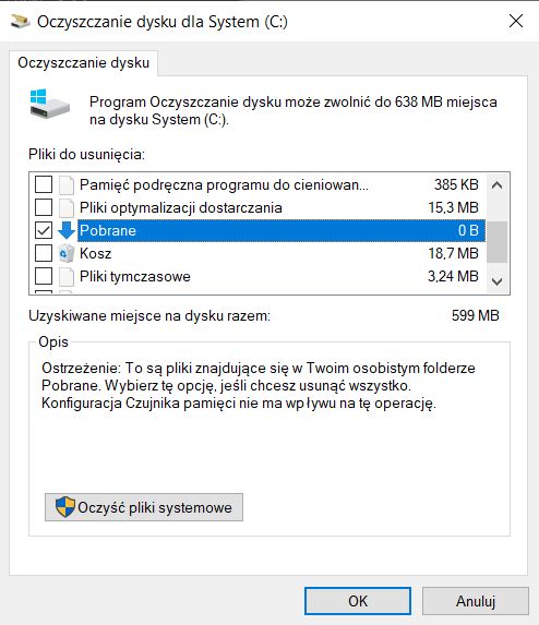 Folder Pobranych na liście plików do usunięcia w Windows 10 1903.