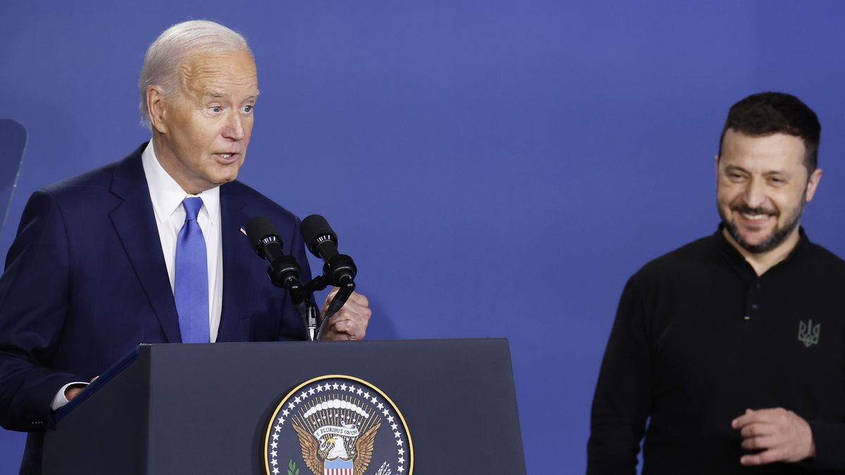 WASHINGTON, DC - JULY 11: U.S. President Joe Biden (L) and Ukraine President Volodymyr Zelenskyy (R) participate in the launching of the Ukraine Compact at the 2024 NATO Summit on July 11, 2024 in Washington, DC. NATO leaders convene in Washington this week for the annual summit to discuss future strategies and commitments and mark the 75th anniversary of the alliance’s founding. (Photo by Kevin Dietsch/Getty Images)