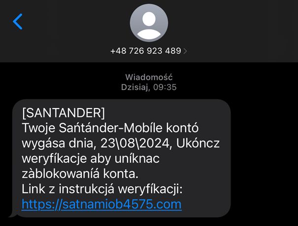 Fałszywa wiadomość SMS z linkiem