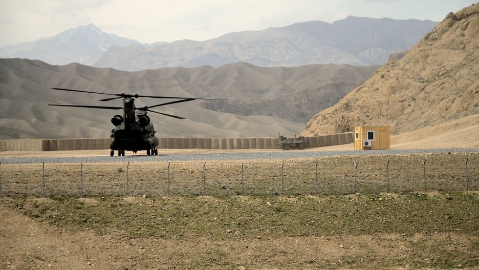 Military helicopter land on the Base.
