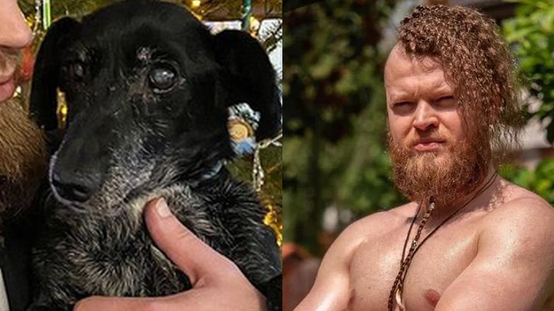 Sylwester Wardęga pozuje z suczką Chicą 6 lat po pranku z psem-pająkiem