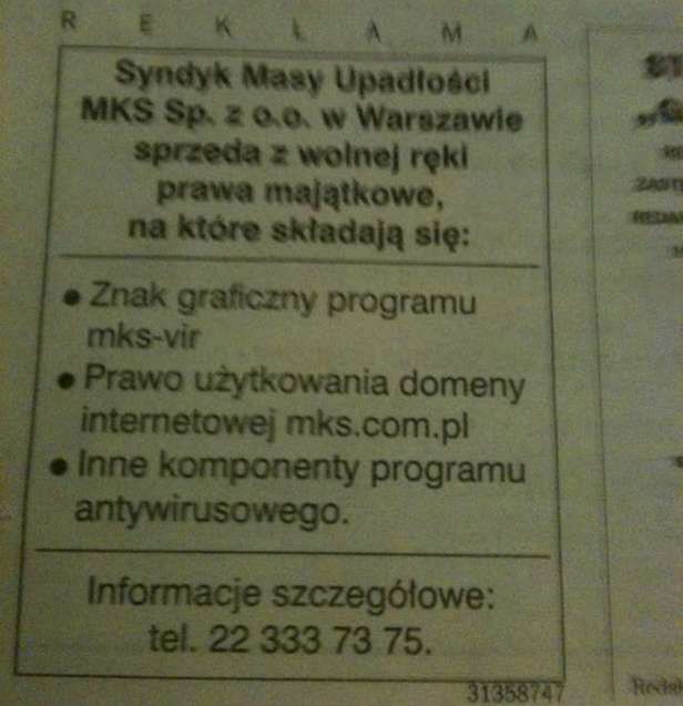 Koniec legendarnego antywirusa. Syndyk sprzedaje markę mks_vir i spółkę MKS 6
