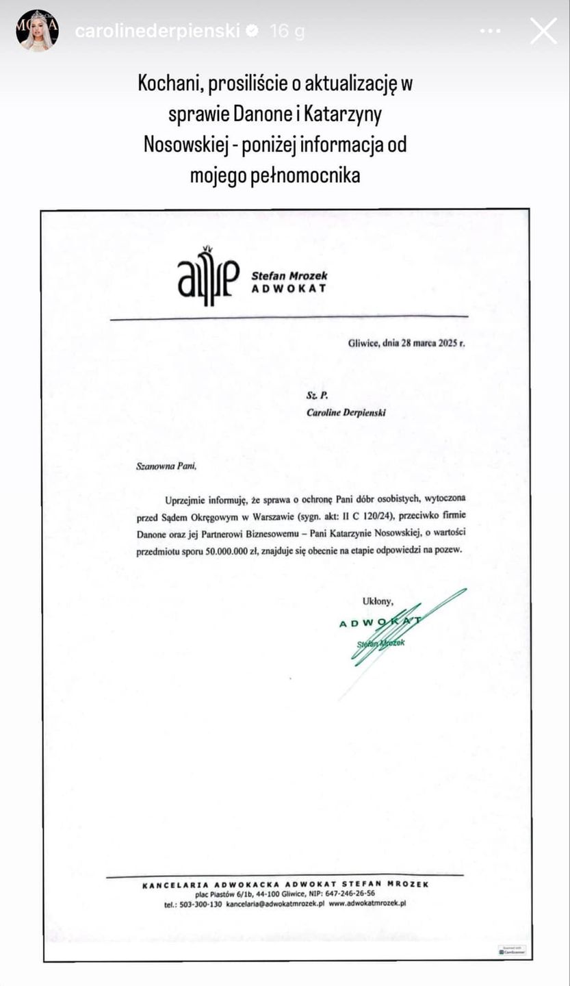 Caroline Derpienski pokazała pismo od prawnika