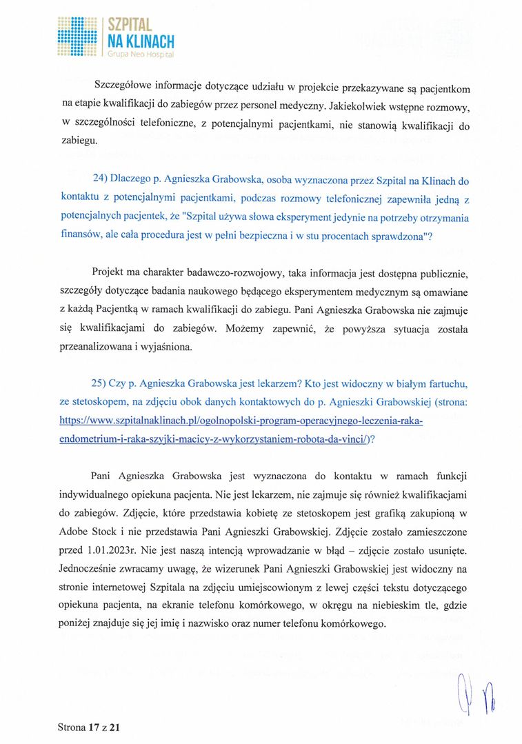 Odpowiedź Szpitala na Klinach na pytania Wirtualnej Polski