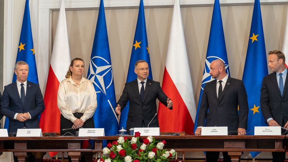WARSAW, POLAND - 2024/07/08: (L2-R) Magorzata Paprocka head of the Chancellery of the President of the Republic of Poland, President Andrzej Duda, Jacek Siewiera, Secretary of State, Head of the National Security Bureau, and Marcin Mastalerek - Secretary of State, Chief of the Cabinet of the President of the Republic of Poland seen during a meeting of the national security council. The meeting of the National Security Council convened by President Andrzej Duda began on Monday morning. It takes place before the departure of the Polish delegation to Washington, D.C., for the NATO summit. In the meeting participated, among others, Prime Minister Donald Tusk, Deputy Prime Minister and Minister of National Defense Wladyslaw Kosiniak-Kamysz, Minister of Foreign Affairs Radoslaw Sikorski, Chief of the General Staff General Wieslaw Kukula, Deputy Speakers of the Polish Parliament Wlodzimierz Czarzasty and Piotr Zgorzelski, Speaker of the Senate Malgorzata Kidawa-Blonska, Chairman of the PiS club, former Minister of National Defense Mariusz Blaszczak, Head of the Chancellery of the Prime Minister Jan Grabiec, and Head of the Chancellery of the President Malgorzata Paprocka. (Photo by Marek Antoni Iwanczuk/SOPA Images/LightRocket via Getty Images)
