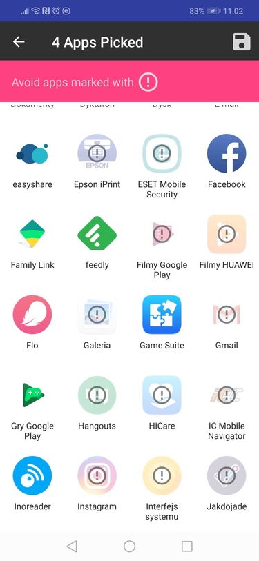 wybór dozwolonych aplikacji, potencjalnie niebezpieczne są specjalnie oznaczone