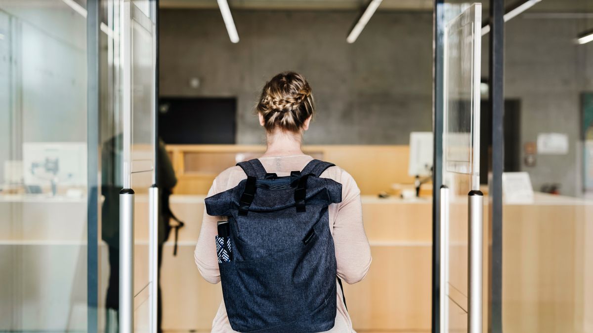 Woman Walking Through Library Entrance
A woman wearing a backpack walking through the entrance to a public library,
Tom Werner