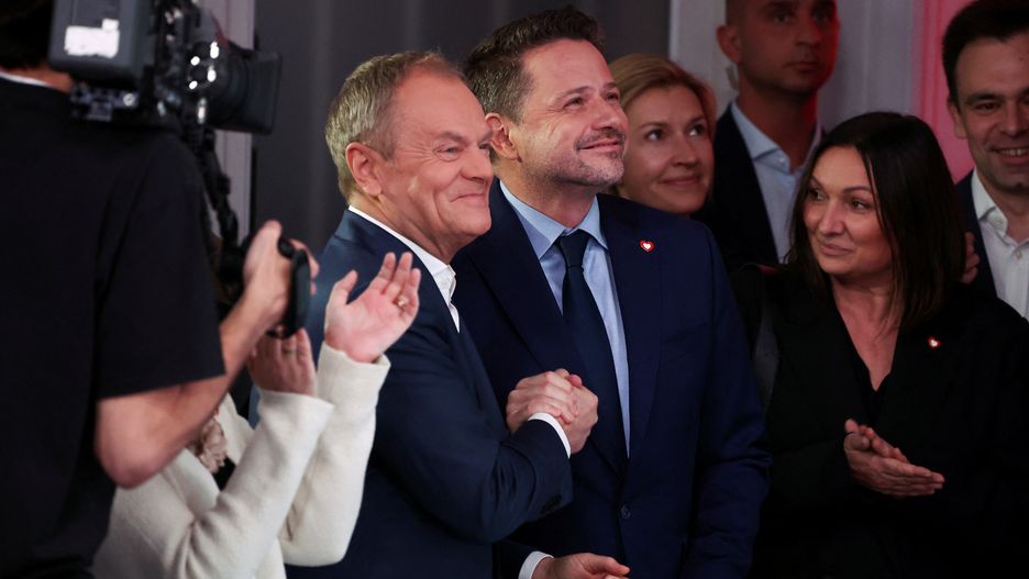 Poland holds local electionsPolish Prime Minister and leader of Civic Coalition (KO) Donald Tusk and Warsaw Mayor Rafal Trzaskowski react, following the results of local elections exit polls during the Civic Coalition (KO) election evening, in Warsaw, Poland, April 7, 2024.,Image: 863161726, License: Rights-managed, Restrictions: , Model Release: no, Credit line: Kacper Pempel / Reuters / ForumKacper Pempel / Reuters / Forumelection