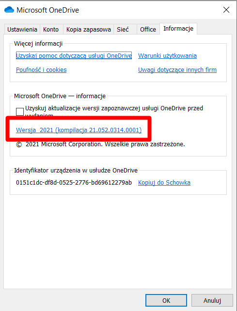 Numer wersji klienta OneDrive'a można sprawdzić tutaj, fot. Oskar Ziomek.