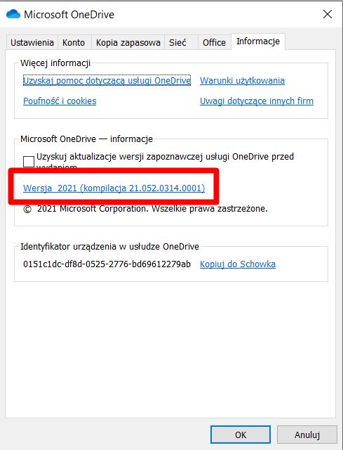 Numer wersji klienta OneDrive'a można sprawdzić tutaj, fot. Oskar Ziomek.