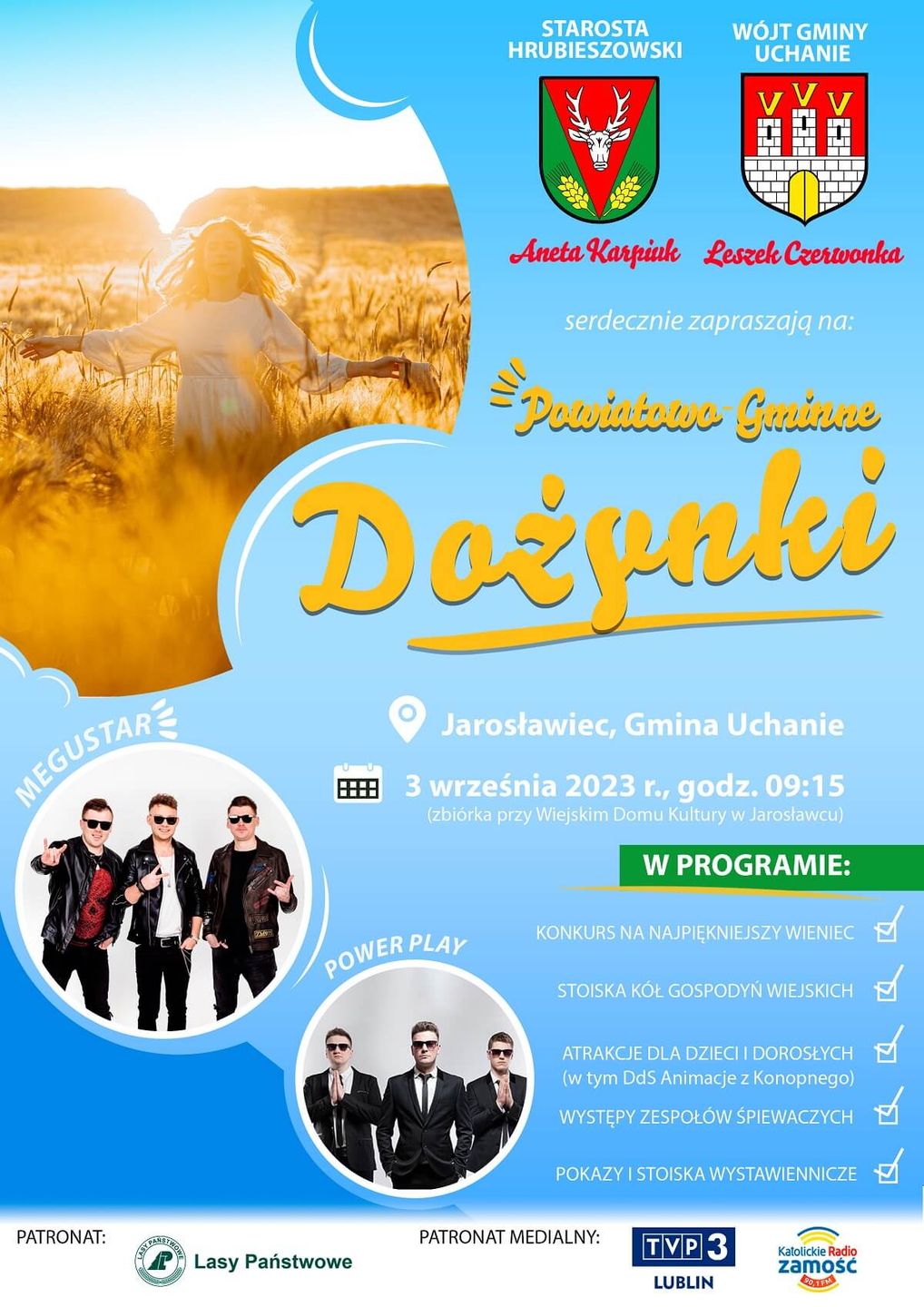 Dożynki powiatu hrubieszowskiego w Jarosławcu 2023 - plakat, program wydarzenia