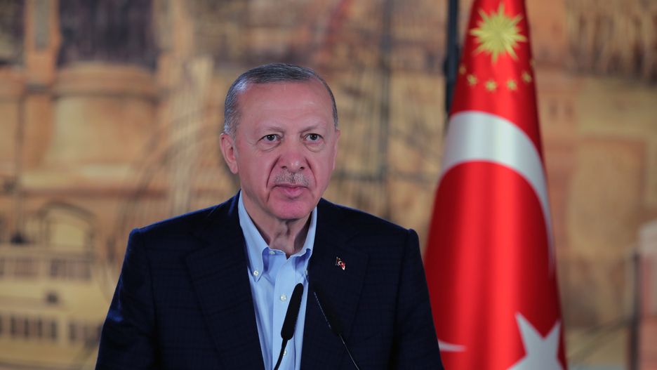 ISTANBUL, TURKIYE - APRIL 16: Turkish President Recep Tayyip Erdogan attends Phaselis Tunnel opening ceremony in Antalya, via video conference on April 16, 2022 in Istanbul, Turkiye. The Phaselis Tunnel ease transportation of Antalya, in which hosts millions of tourists every year and stands out with its agricultural activities. (Photo by Murat Kula/Anadolu Agency via Getty Images)