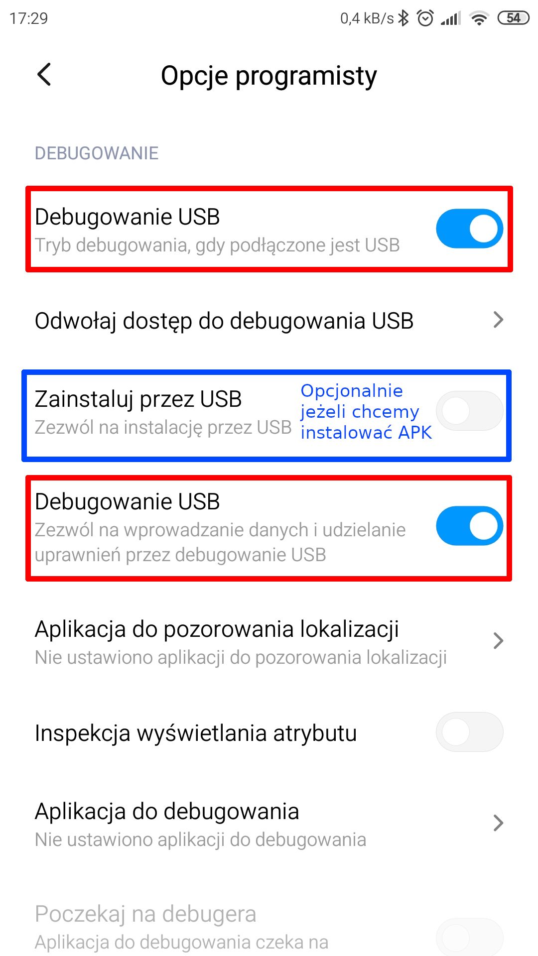 Opcje programisty - Android