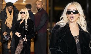 Elegancka i smuklejsza o 18 KILOGRAMÓW Christina Aguilera gra nogą przed wejściem do paryskiej restauracji. Klasa? (ZDJĘCIA)
