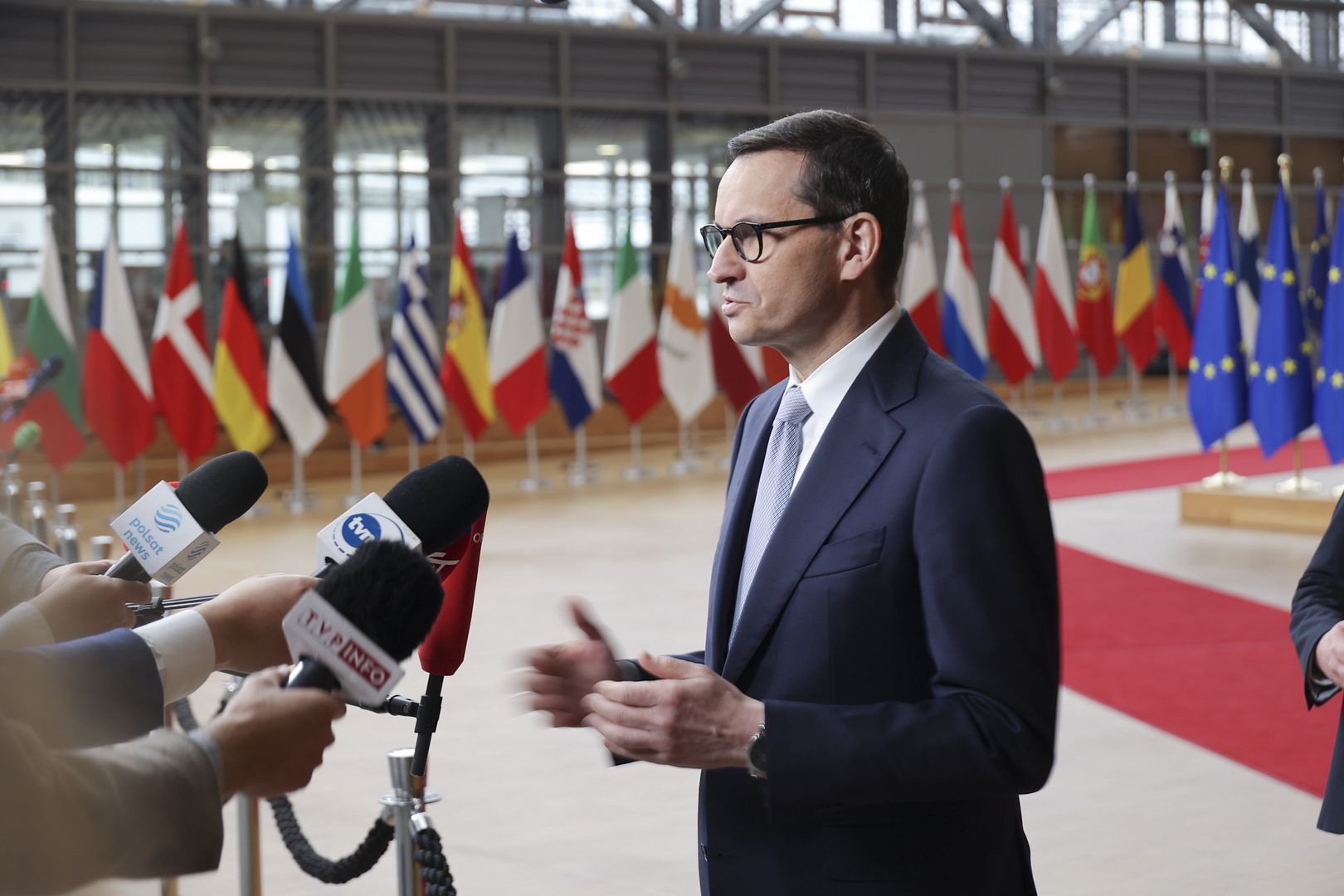 Prime Minister of Poland Mateusz Morawiecki talks to the media at a standup doorstep media press briefing after the end of the 2-day European Council summit. The Polish PM does a statement, talks about the meeting with the EU leaders and heads of states at the headquarters of the European Union and answers questions from journalists. EUCO in Brussels, Belgium on 24 March 2023  (Photo by Nicolas Economou/NurPhoto via Getty Images)