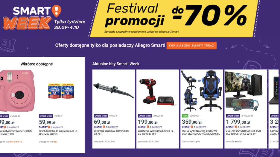 Zakupowy tydzień w ramach Smart! Week skierowany jest do klientów, którzy wykupili lub wykupią usługę Allegro Smart. 