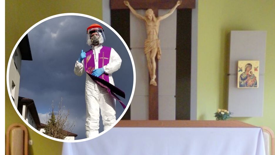 Ksiądz udziela spowiedzi w przyłbicy i w kombinezonie ochronnym