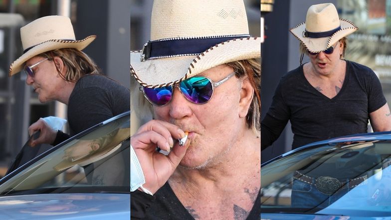 Styrany życiem Mickey Rourke w kowbojskim kapeluszu raczy się nikotynowym dymem na ulicy Beverly Hills (ZDJĘCIA)
