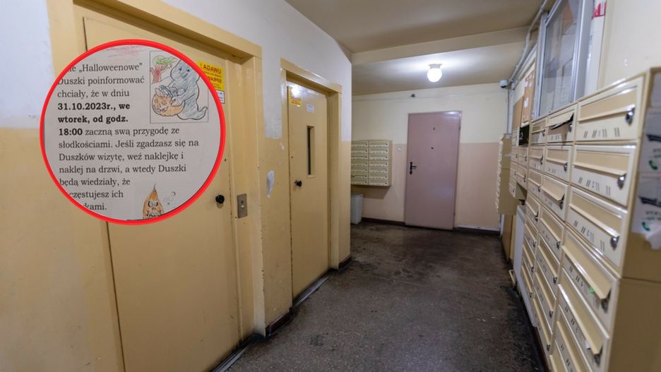 Dzieci chciały zebrać cukierki na Halloween. Na klatce bloku zawisła kartka