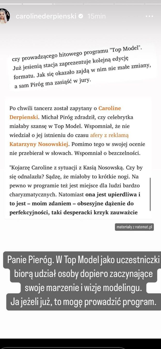 Michał Piróg uderza w Caroline Derpienski