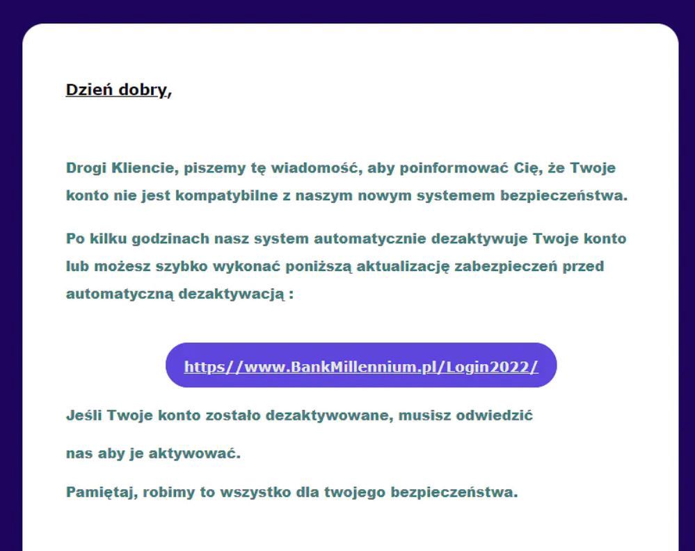 Fałszywy e-mail podszywający się pod wizerunek Banku Millenium