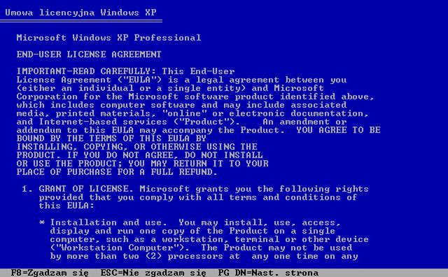 Klasyczna EULA Microsoftu dla Windowsa XP: nie zgadzasz się, nie masz prawa zainstalować