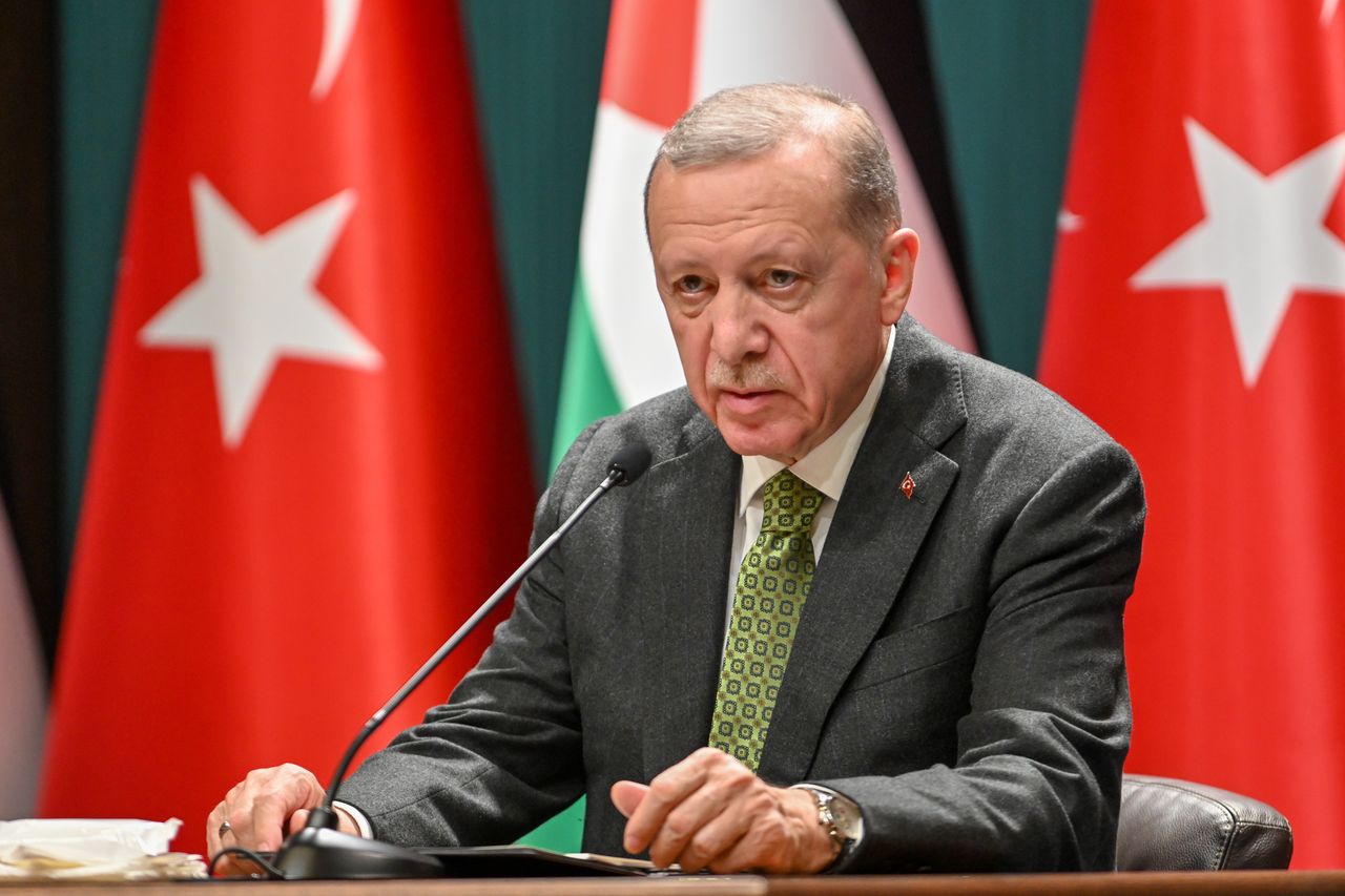 ANKARA, TURKEY- MARCH 5:(TURKEY OUT)  President Recep Tayyip Erdoğan held a joint press conference with Palestinian President Mahmut Abbas on March 5, 2024 in Ankara, Turkey. (Photo by Mert Gokhan Koc/ dia images via Getty Images)