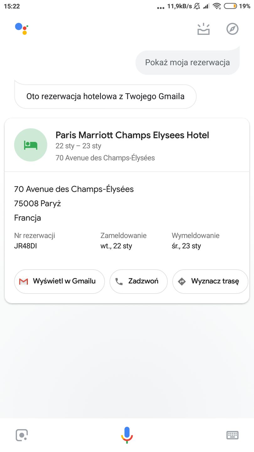 widok rezerwacji hotelu na podstawie e-maila od organizatora wyjazdu