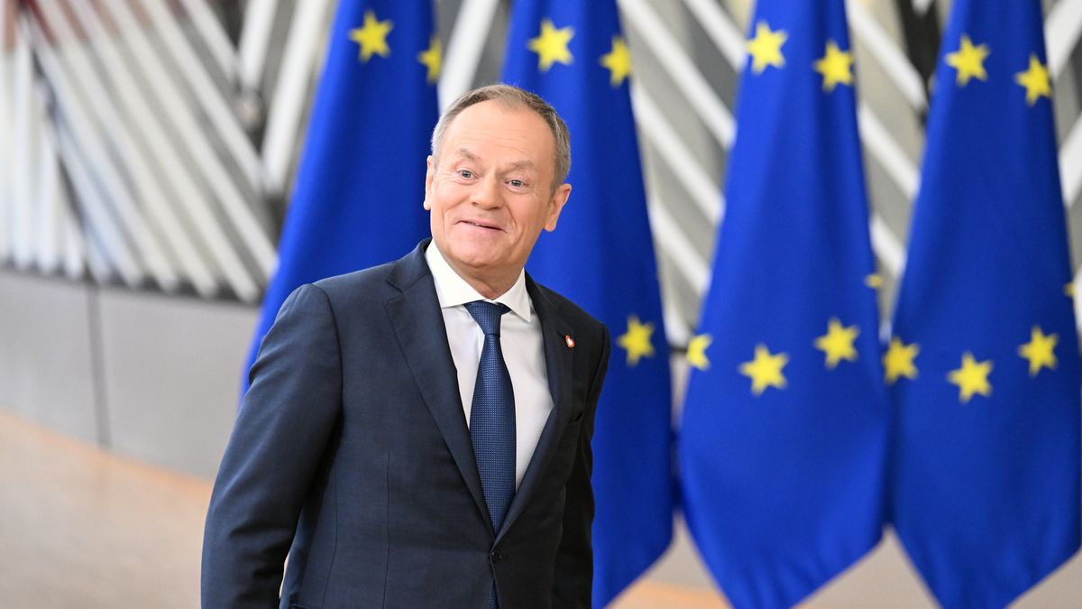 BRUSSELS, BELGIUM - FEBRUARY 01: Polish Prime Minister Donald Tusk speaks to the press ahead of special European Council meeting at the European headquarters in Brussels, Belgium on February 01, 2024. EU leaders are gathering in Brussels on Thursday as part of a special European Council meeting to discuss 'pressing issues,' including the war in Ukraine and Multiannual Financial Framework. (Photo by Dursun Aydemir/Anadolu via Getty Images)