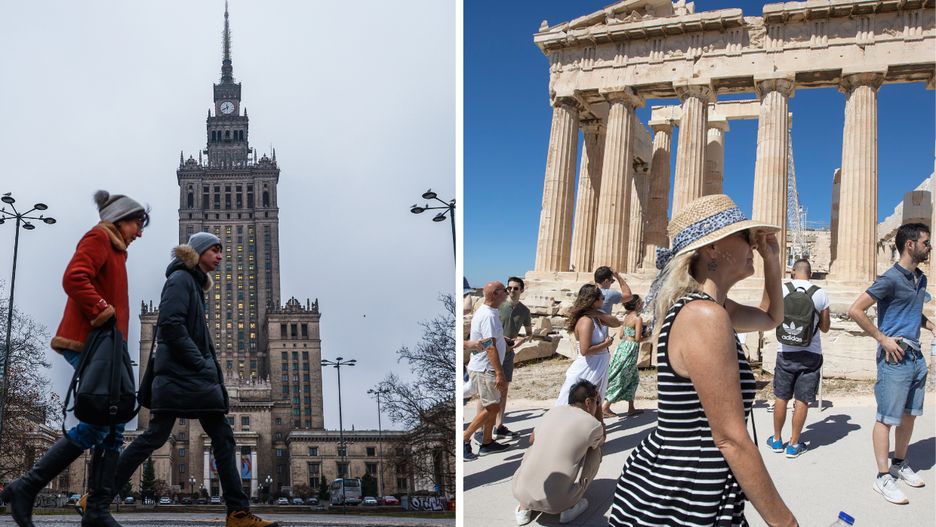 Ludzie spacerujący w Warszawie (po lewej) i w Atenach (po prawej)