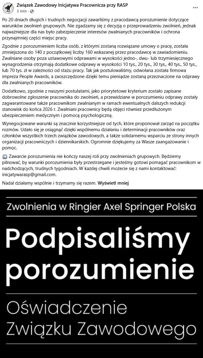 Inicjatywa Pracownicza o warunkach zwolnień w RASP