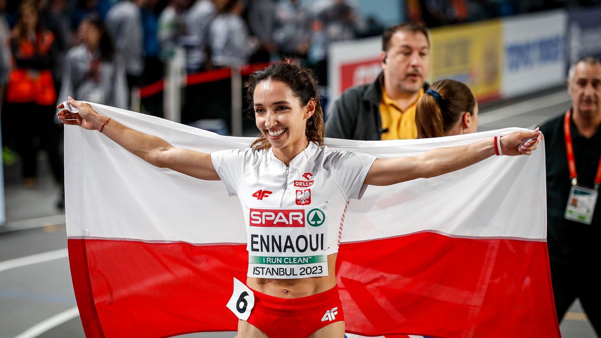 ISTANBUL, TURKEY - MARCH 04: Sofia Ennaoui of Poland celebrates in 1500m Women Final race during the European Athletics Indoor Championships - Day 2 on March 4, 2023 in Istanbul, Turkey. (Photo by Nikola Krstic/MB Media/Getty Images)