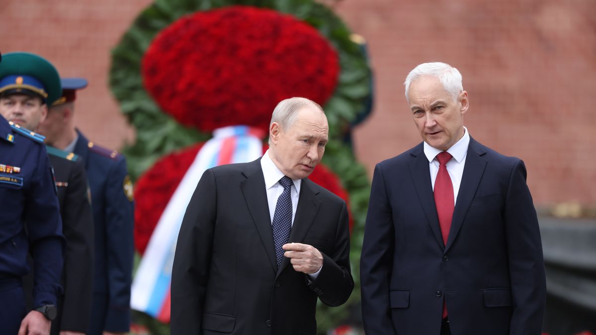 MOSCOW, RUSSIA - JUNE 22: Russian President Vladimir Putin talks to Defence Minister Andrey Belousov (R) during the wreath laying ceremony at the Unknown Tomb on June 22, 2026 in Moscow, Russia. Putin is marking the Day of Remembrance and Sorrow, as the day of German Nazi's invasion of USSR in 1945. (Photo by Contributor/Getty Images)