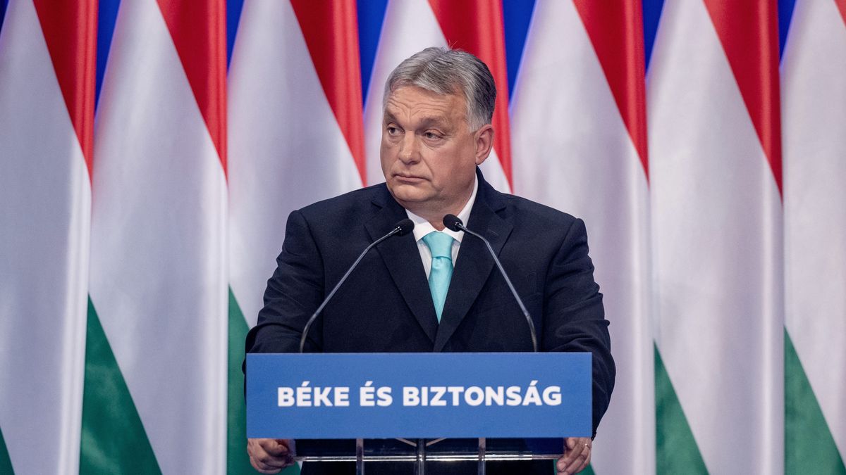 BUDAPEST, HUNGARY - FEBRUARY 18: Viktor Orban, Hungary's prime minister delivers his year's annual assessment speech - which motto was Peace and Security - the during a government congress on February 18, 2023 in Budapest, Hungary. (Photo by Janos Kummer/Getty Images)