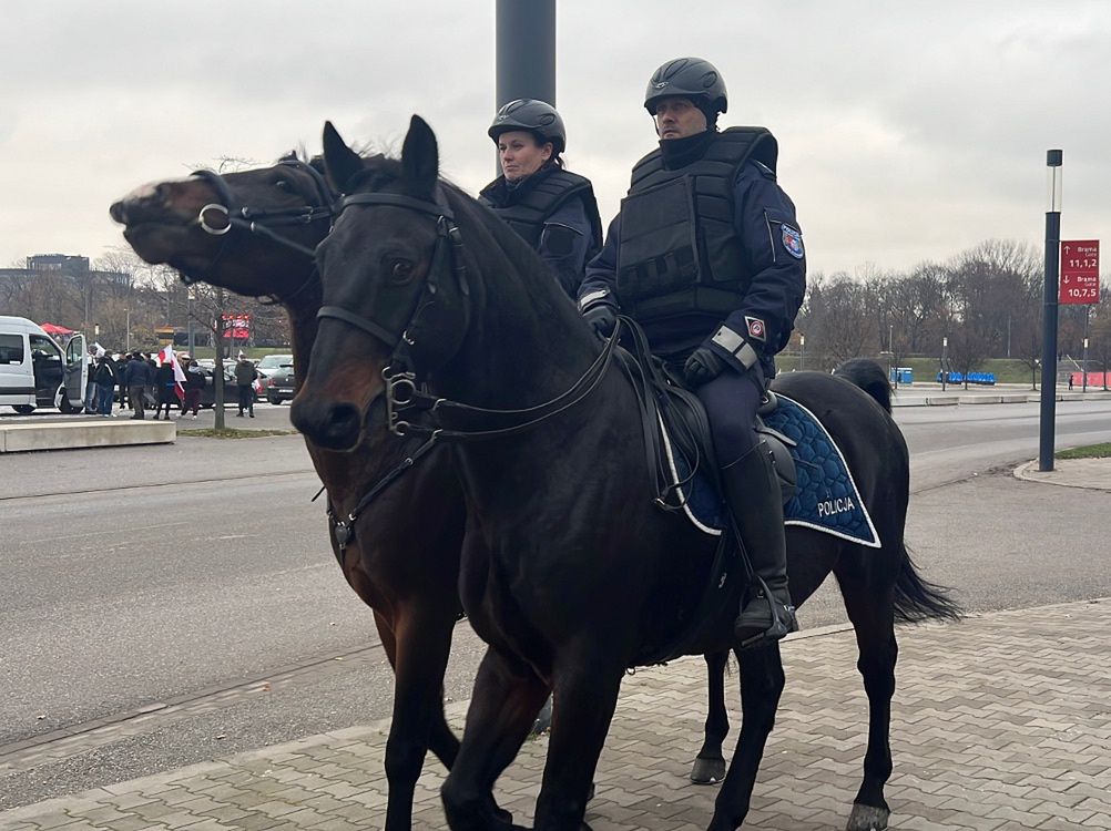 Policjanci na koniach patrolują ulicę, w tle widoczni uczestnicy wydarzenia z flagami.