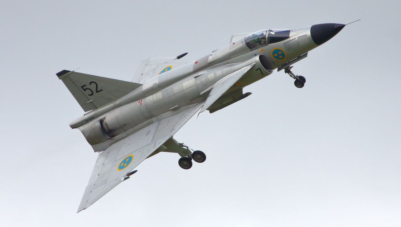 Saab 37 Viggen during flight with landing gear down