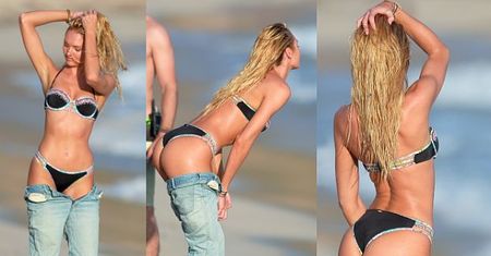 Candice Swanepoel zdejmuje spodnie na plaży... (ZDJĘCIA)