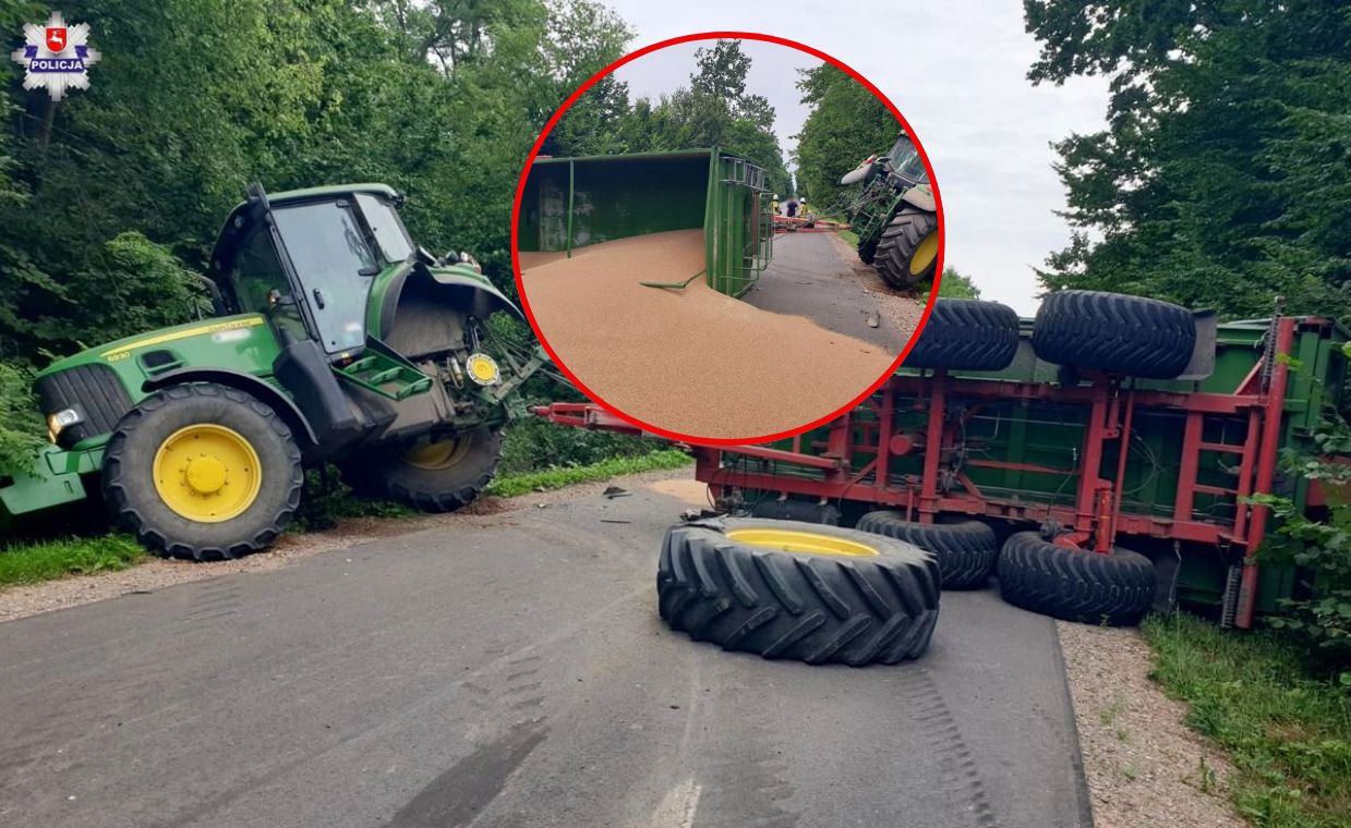 Z ciągnika odpadło koło, zboże wysypało się na drogę