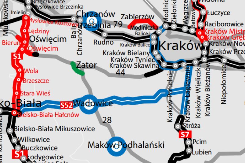 Planowana droga S52 (na niebiesko)