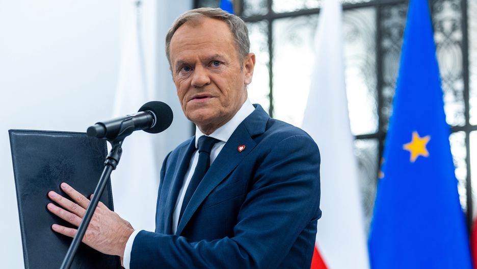 Donald Tusk, the leader of the Civic Coalition, is speaking during a press conference in Warsaw, Poland, on November 21, 2023. (Photo by Andrzej Iwanczuk/NurPhoto via Getty Images)